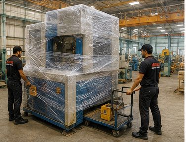Agarwal Packers and Movers staff wrapping industrial machinery for relocation