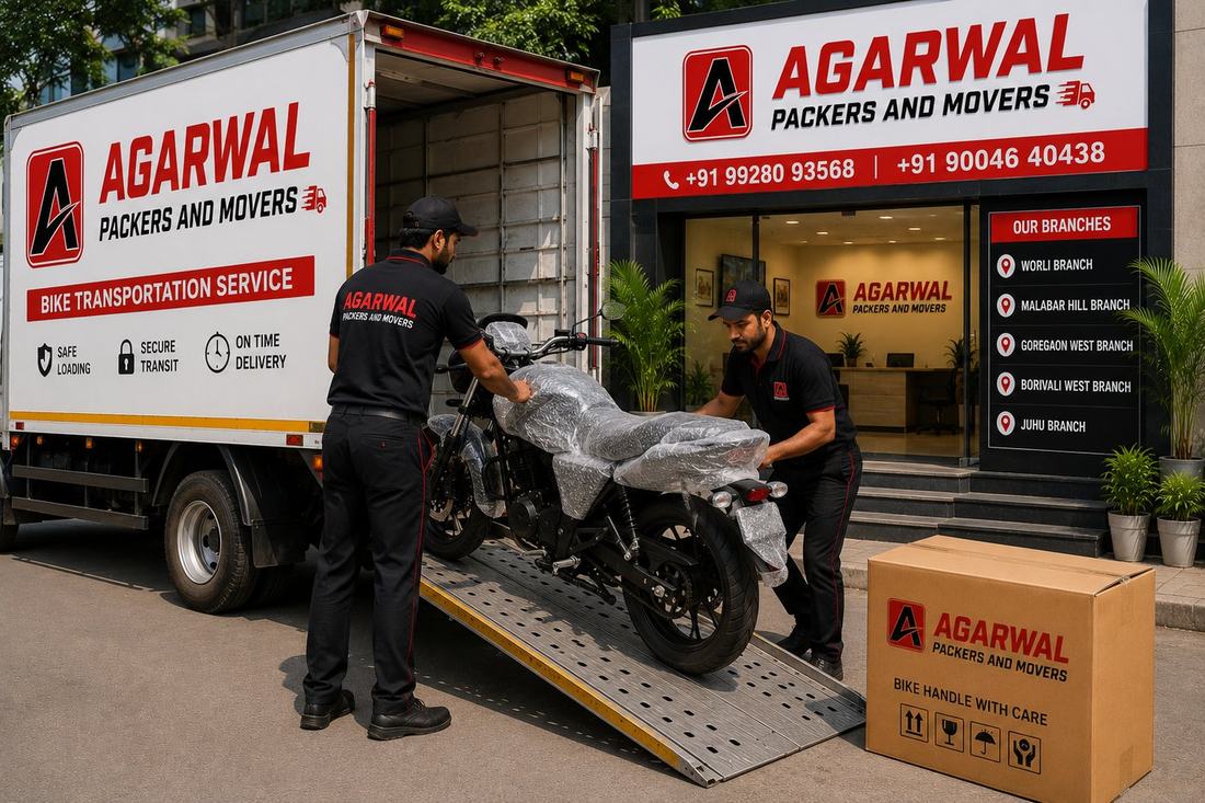 Bike being wrapped and loaded for transportation by Agarwal Packers and Movers